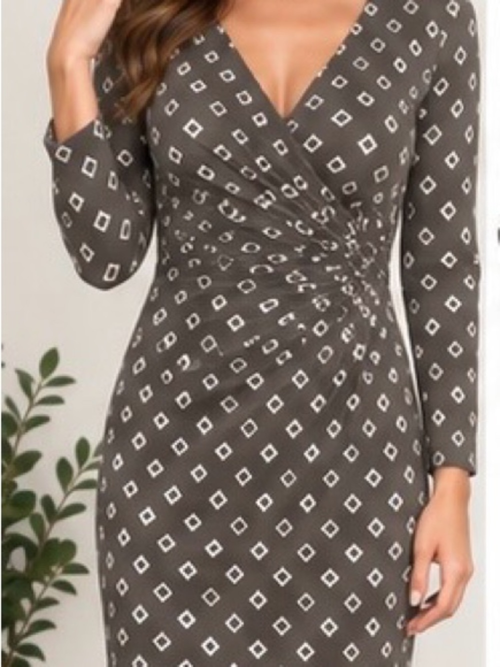 LOFT Black & White Geometric Faux Wrap Ruched Dress – Size Small